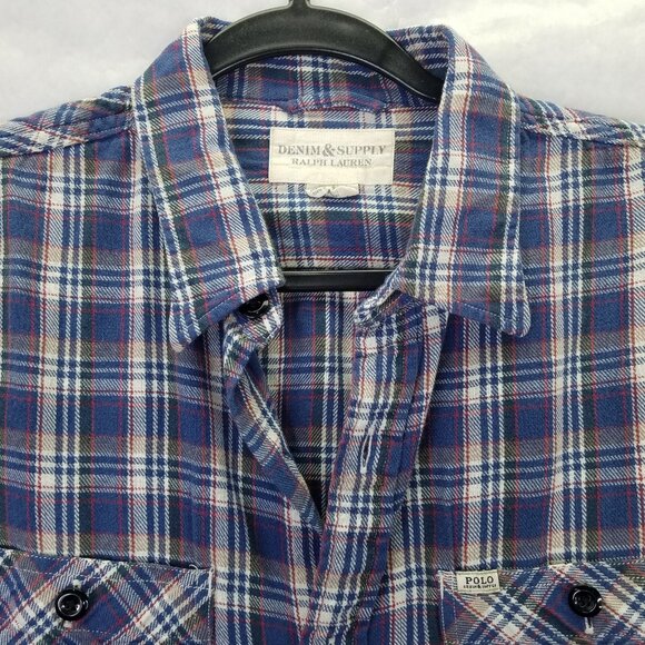 DENIM & SUPPLY Polo Ralph Lauren Button Up Shirt Men L Plaid Blue Flannel Cotton - Picture 2 of 11